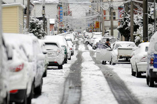 제주시 일도2동 이면도로에 눈이 쌓였다.